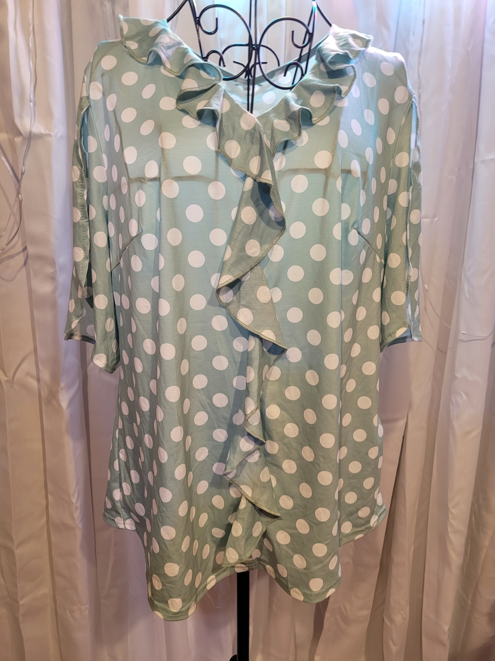 Amazon Mint Green & White Polka Dot Ruffle Blouse